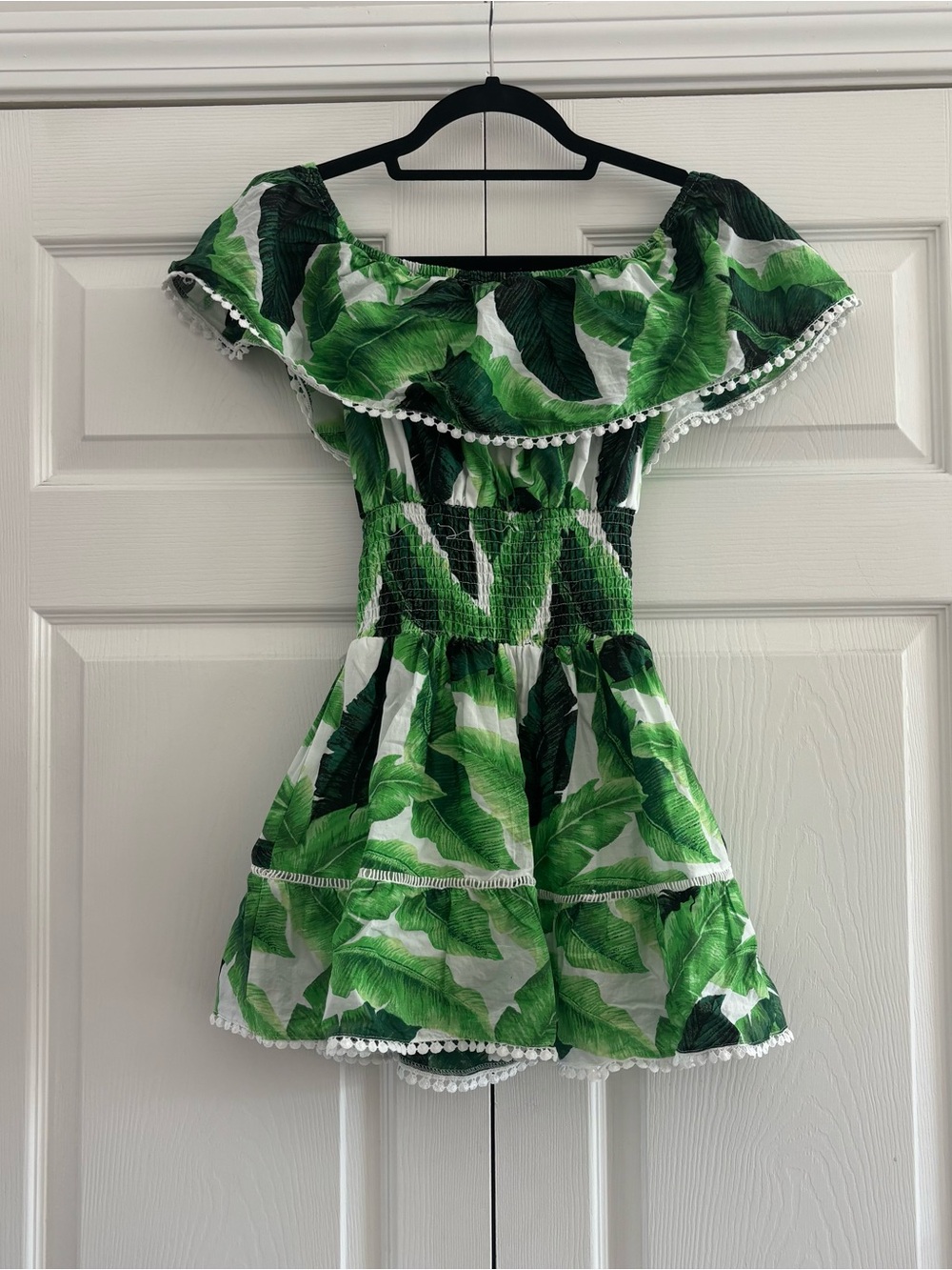 Tropical Leaf Print Off The Shoulder Vacation Mini Dress - Picture 4 of 6